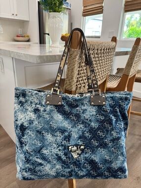 Vintage GUESS Blue Denim Logo Print Large Monogram Y2K Tote Shoulder Bag-READ